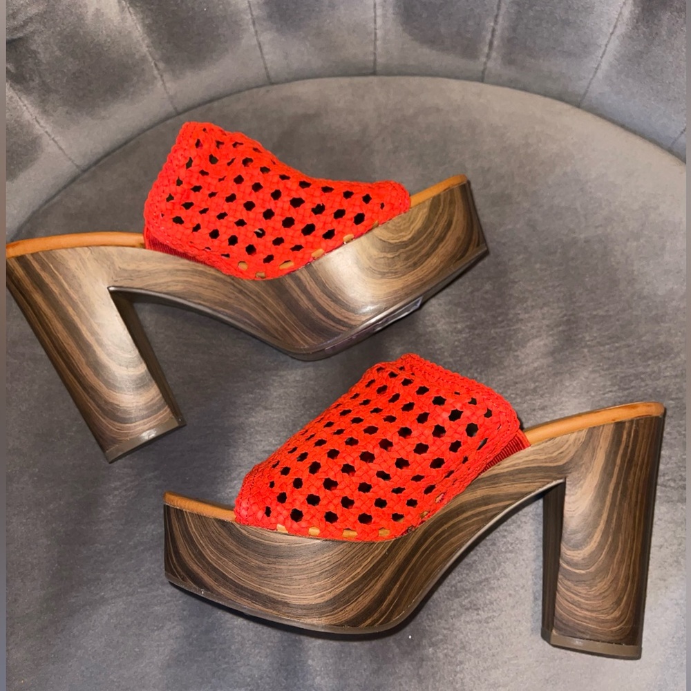 Jessica Simpson red woven platforms
